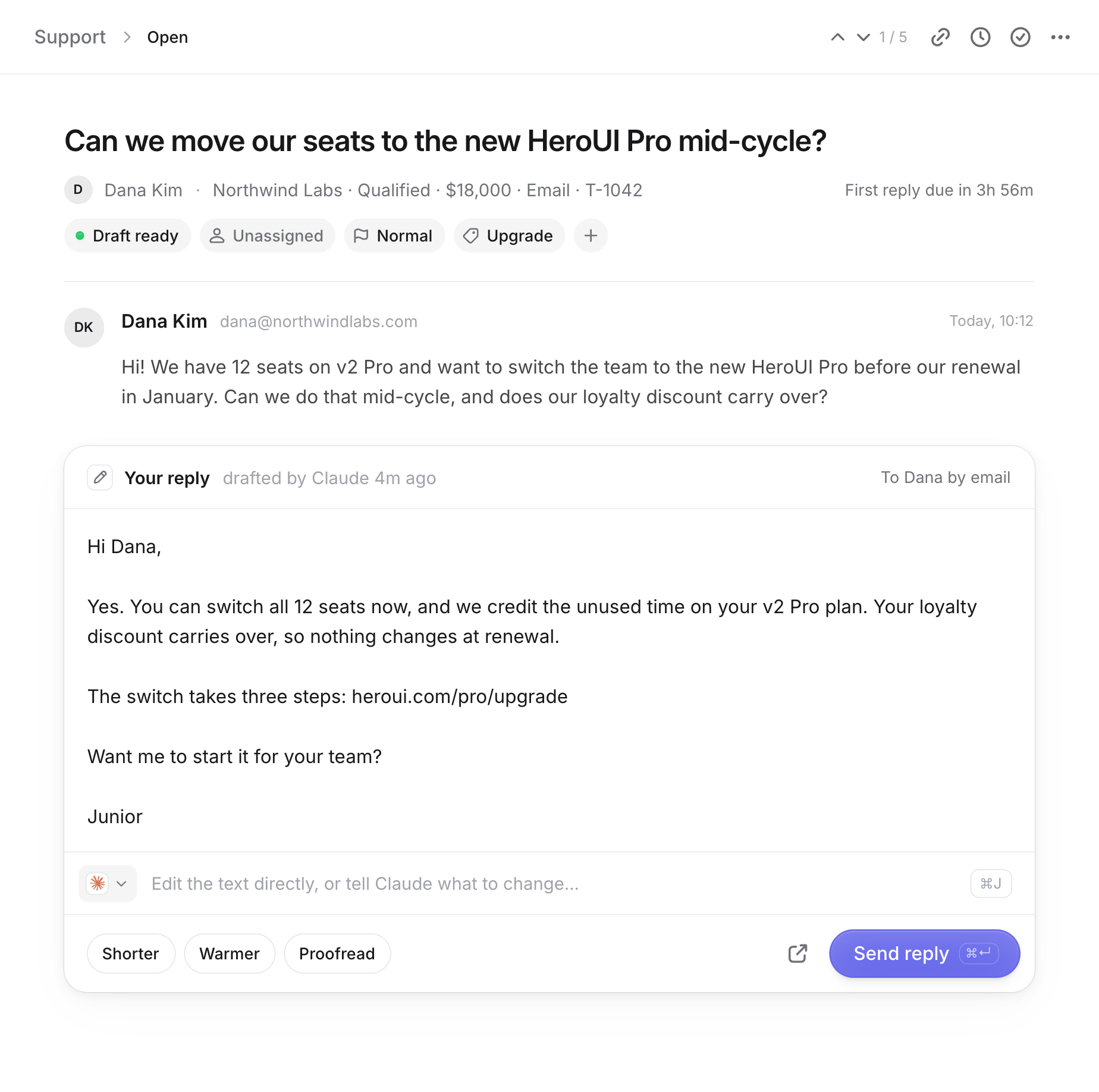 A Plain ticket from Dana Kim in HeroSpace, with the reply Claude drafted waiting under it